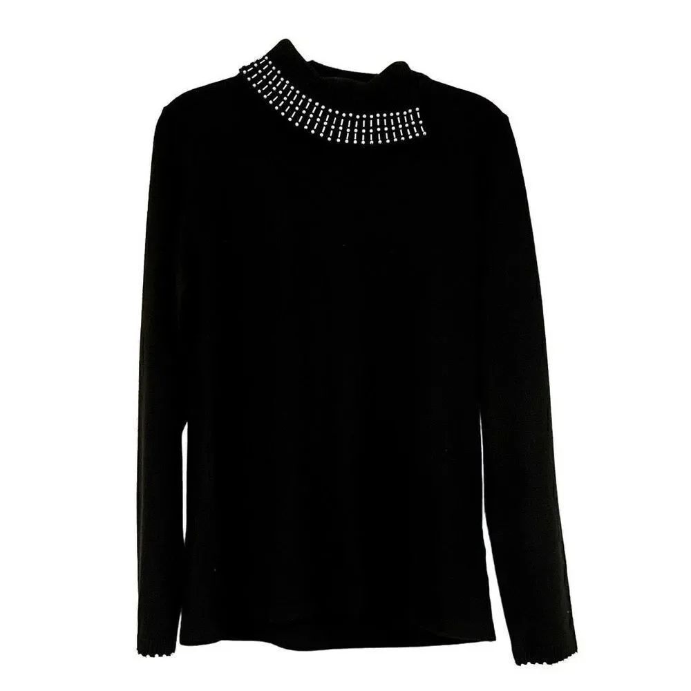 NWT TanJay Cowl Neck Beaded Black Sweater Small